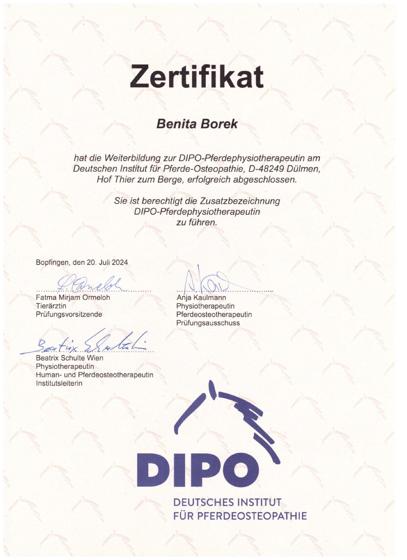 DIPO Pferdephysiotherapie Abschlusszertifikat