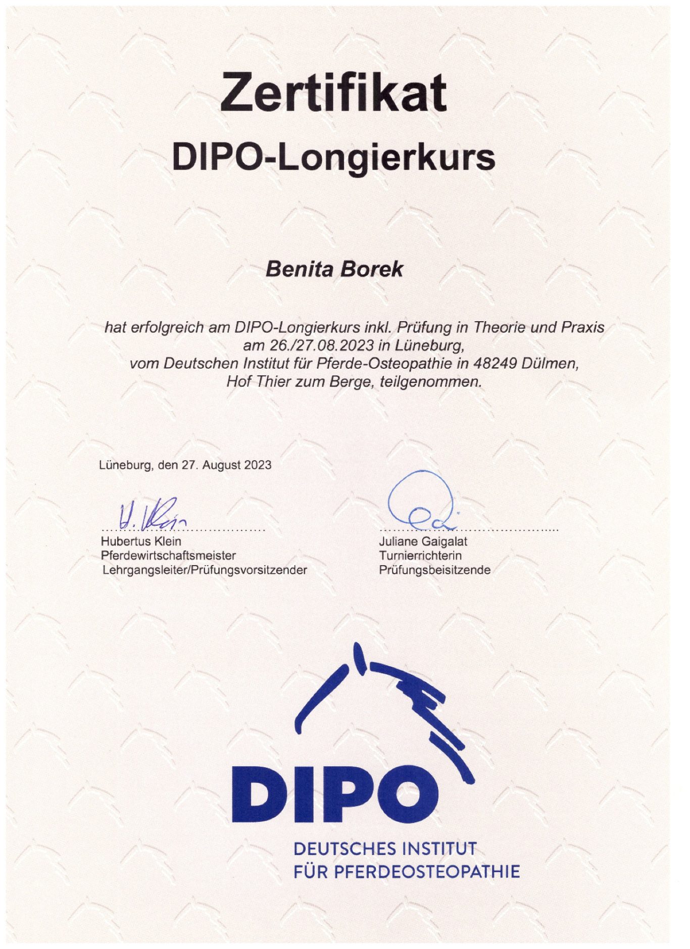 DIPO Longierkurs Abschlusszertifikat