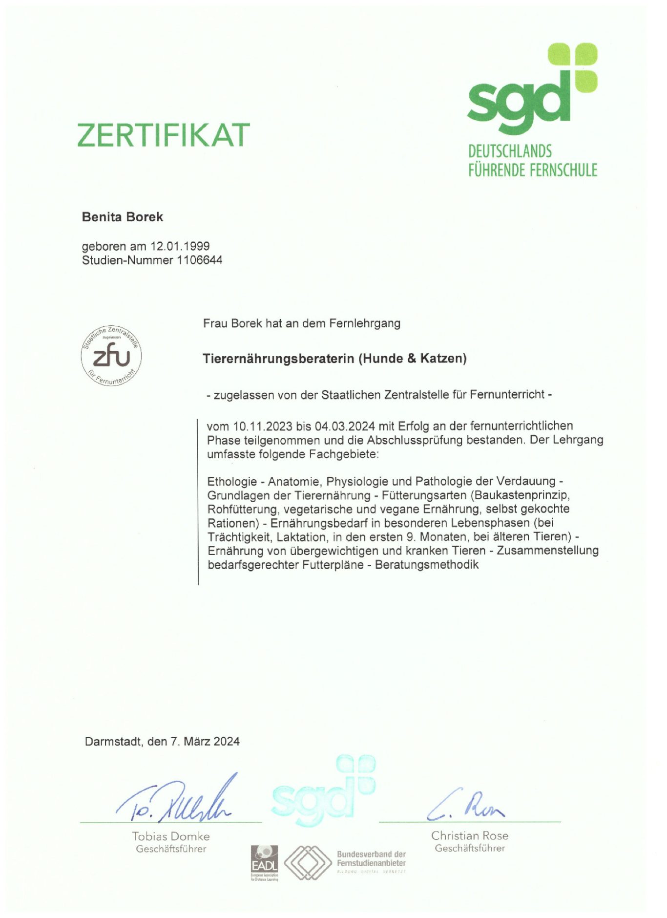 SGD Ernährungsberatung Abschlusszertifikat